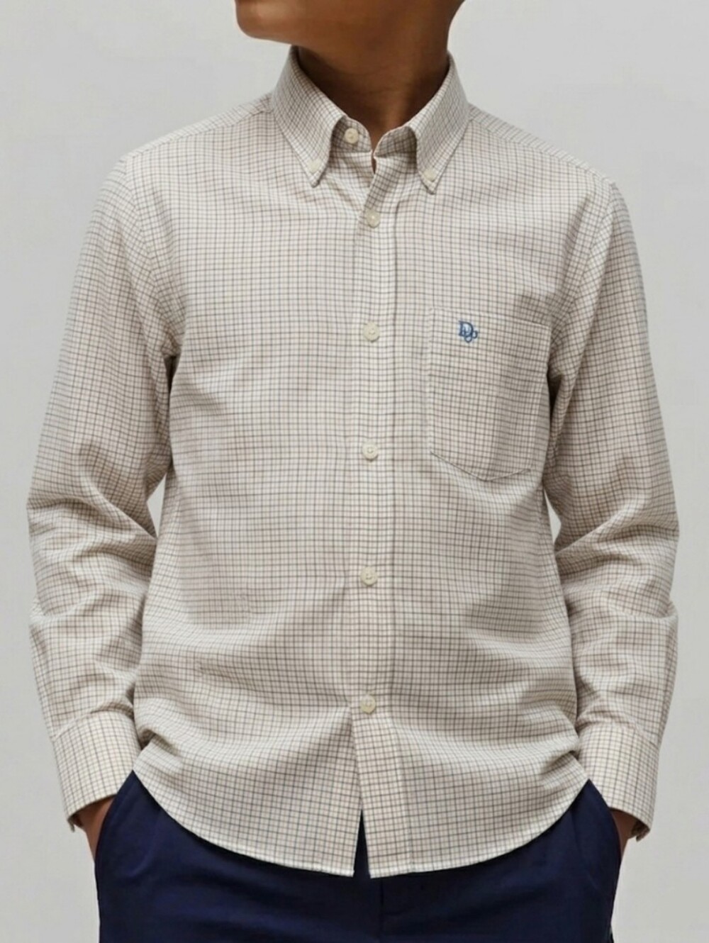 Christian Dior Classic Button Down Up Plaid Dress Shirt Blue Beige Boys 14 L XL